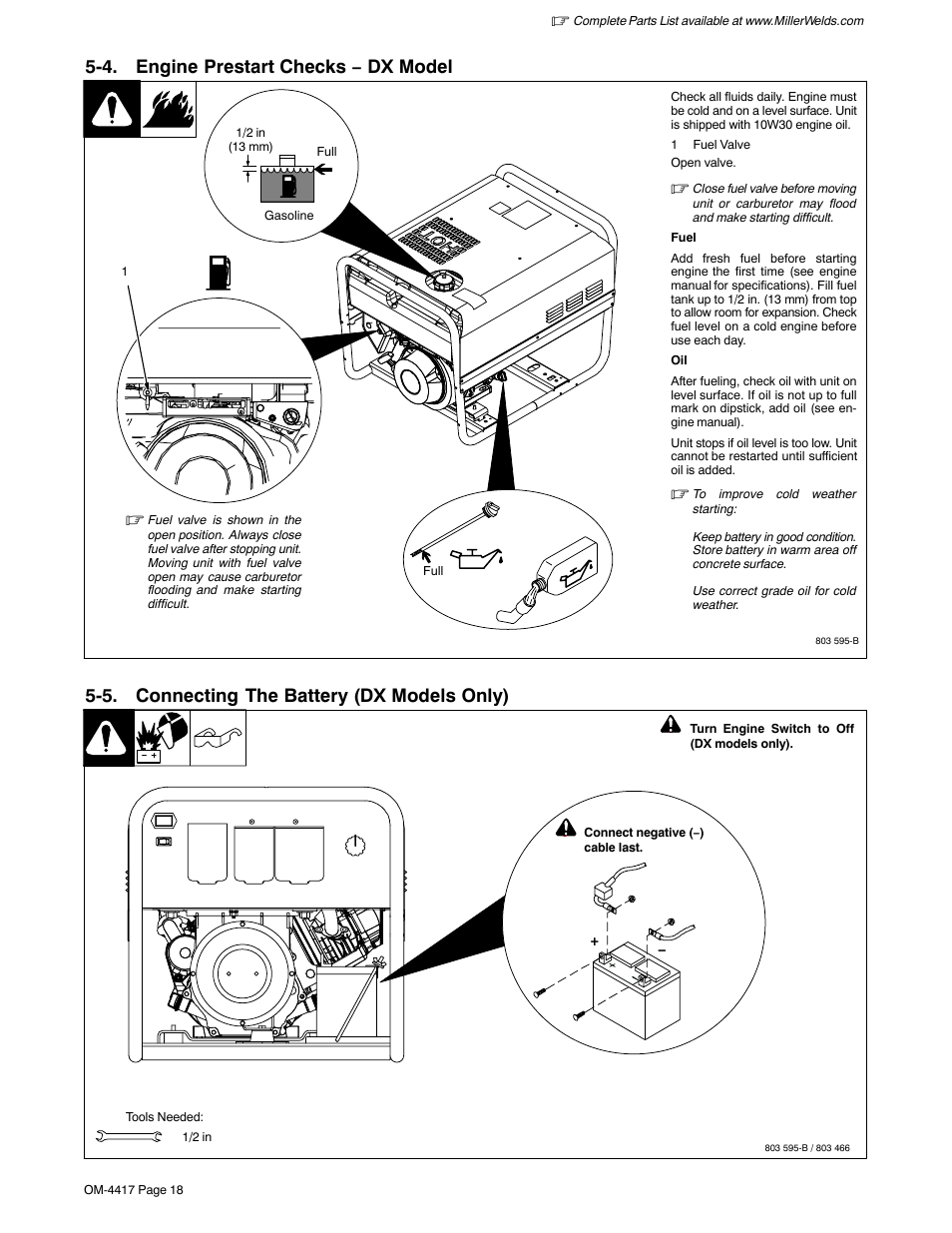 4. engine prestart checks − dx model, 5. connecting the battery (dx models only) | Miller Electric 145 DXR User Manual | Page 22 / 54