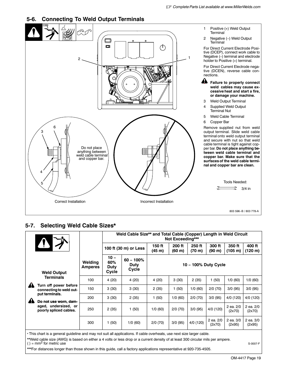 6. connecting to weld output terminals, 7. selecting weld cable sizes | Miller Electric 145 DXR User Manual | Page 23 / 54