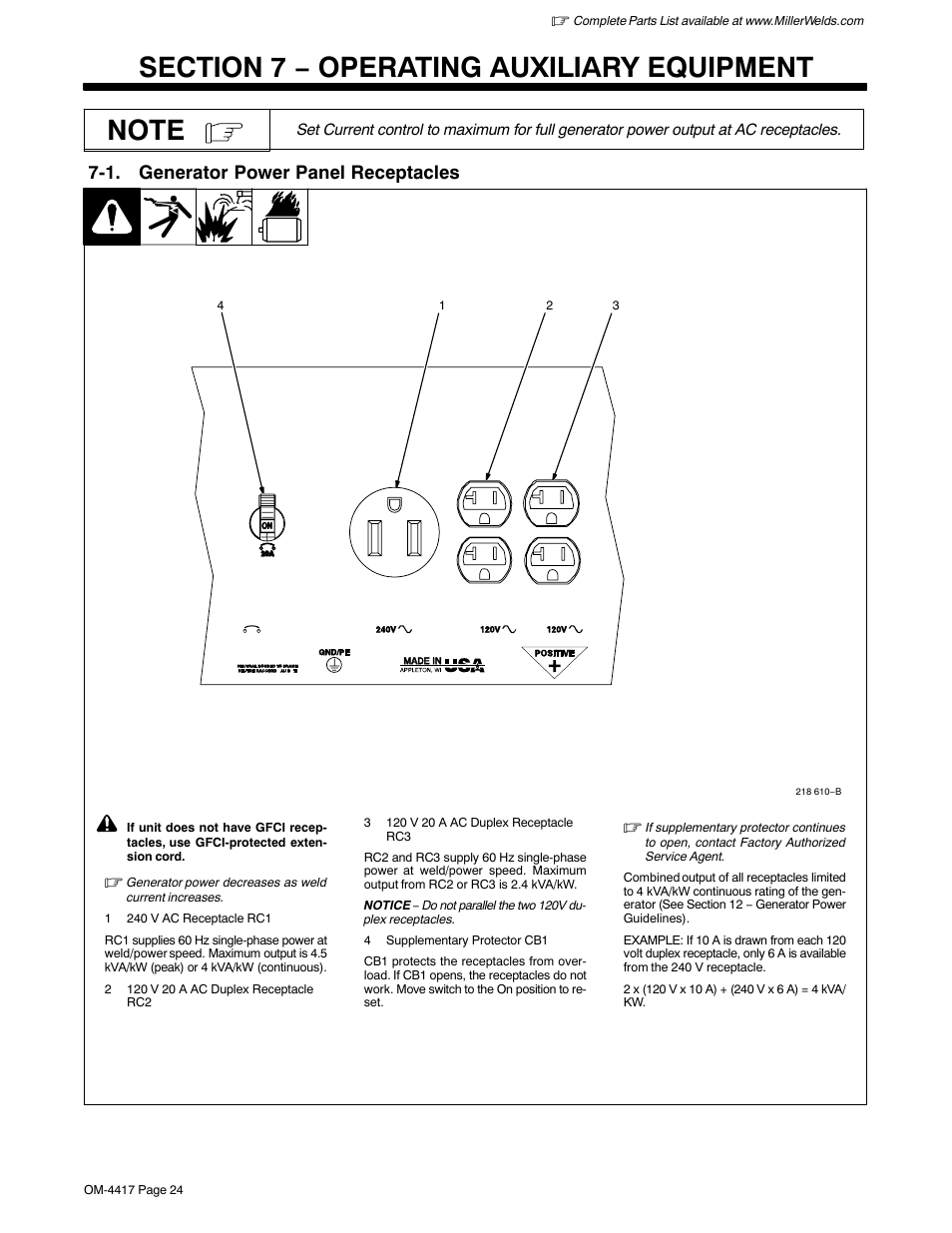 Section 7 − operating auxiliary equipment, 1. generator power panel receptacles | Miller Electric 145 DXR User Manual | Page 28 / 54