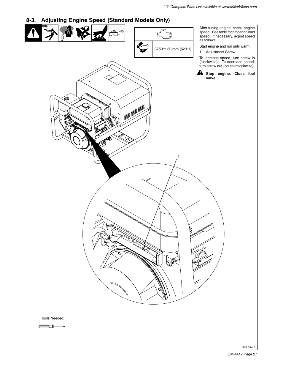 3. adjusting engine speed (standard models only) | Miller Electric 145 DXR User Manual | Page 31 / 54