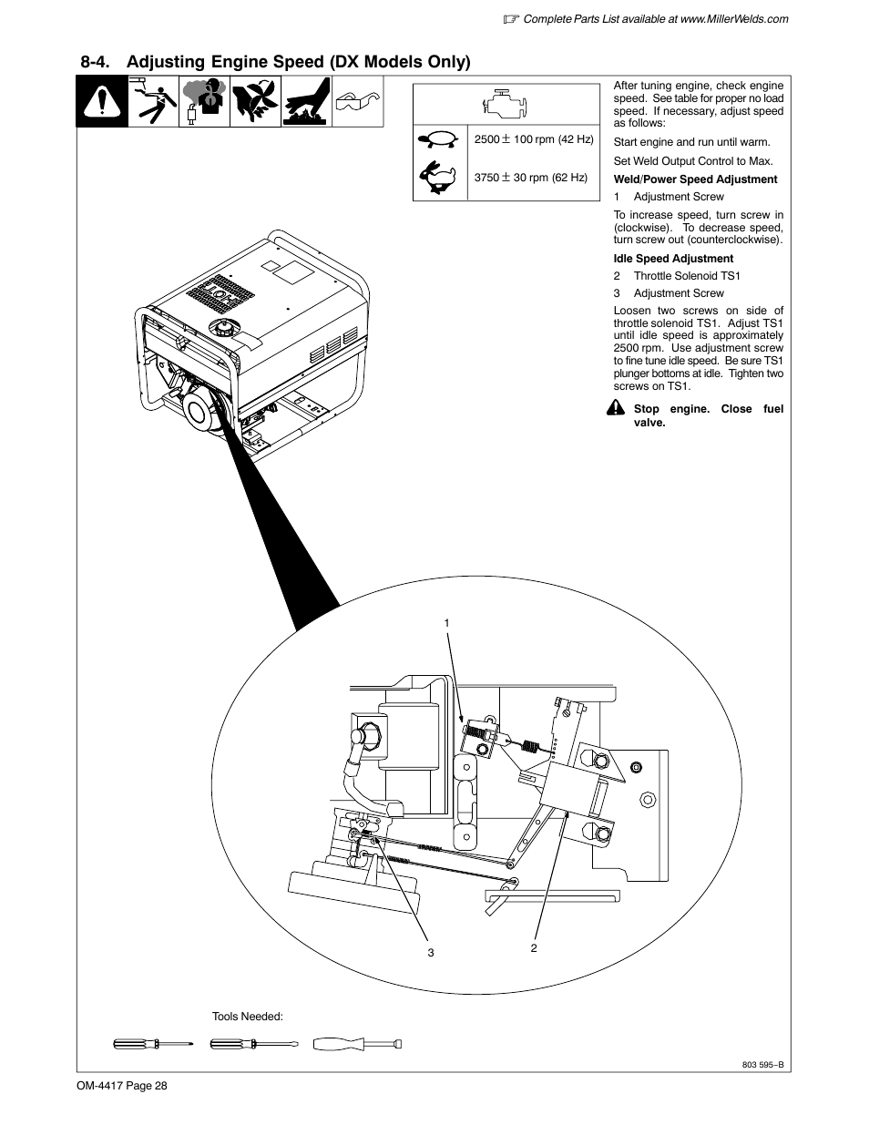 4. adjusting engine speed (dx models only) | Miller Electric 145 DXR User Manual | Page 32 / 54