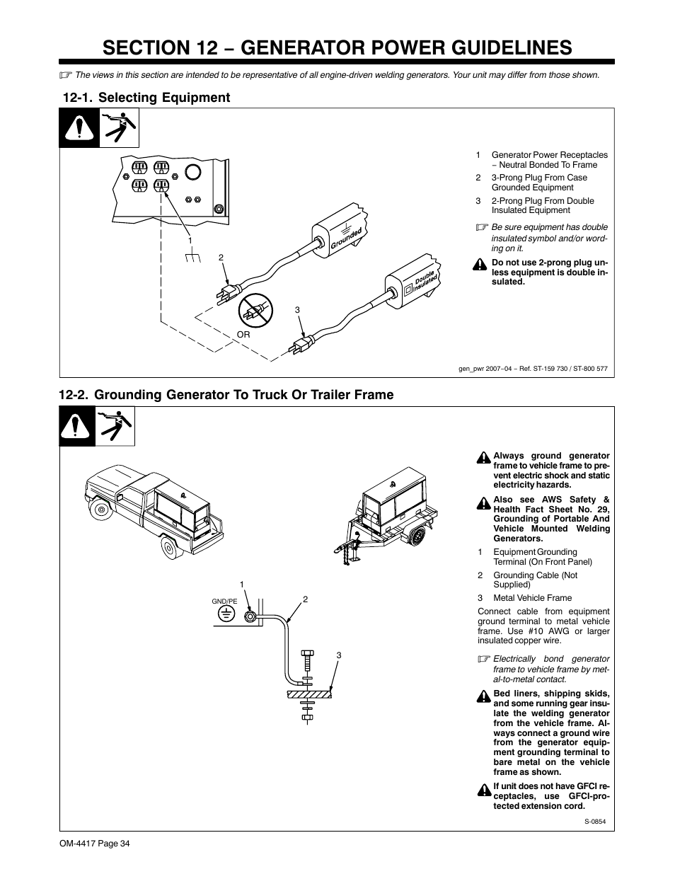 Section 12 − generator power guidelines, 1. selecting equipment, 2. grounding generator to truck or trailer frame | Miller Electric 145 DXR User Manual | Page 38 / 54