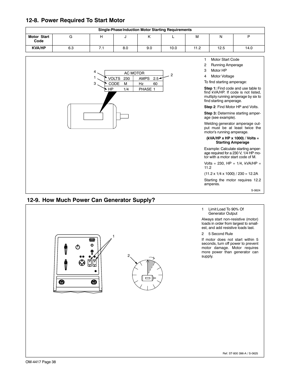 8. power required to start motor, 9. how much power can generator supply | Miller Electric 145 DXR User Manual | Page 42 / 54