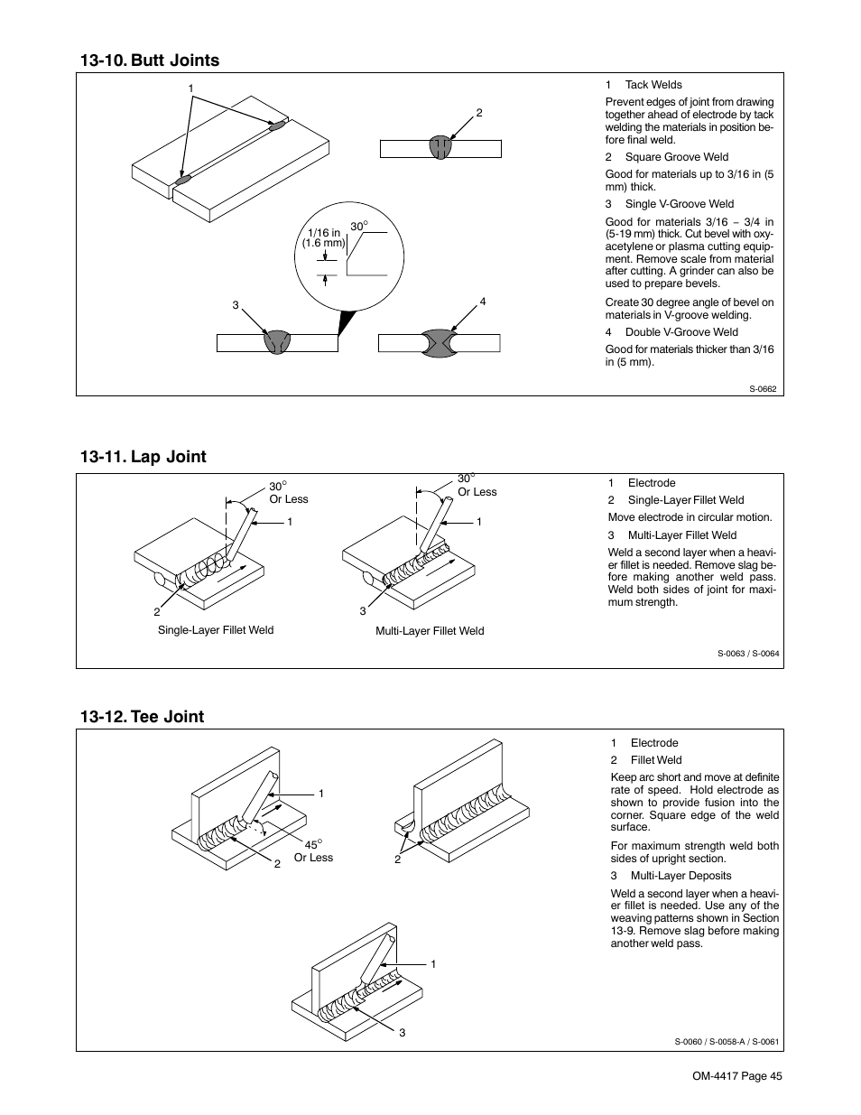 10. butt joints, 11. lap joint, 12. tee joint | Miller Electric 145 DXR User Manual | Page 49 / 54