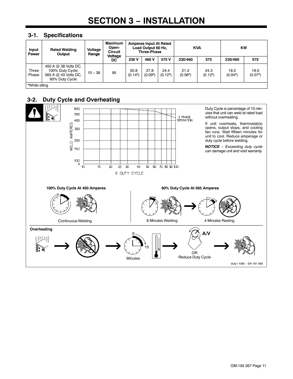 Section 3 − installation, 1. specifications, 2. duty cycle and overheating | Miller Electric Invision 456MP User Manual | Page 15 / 52
