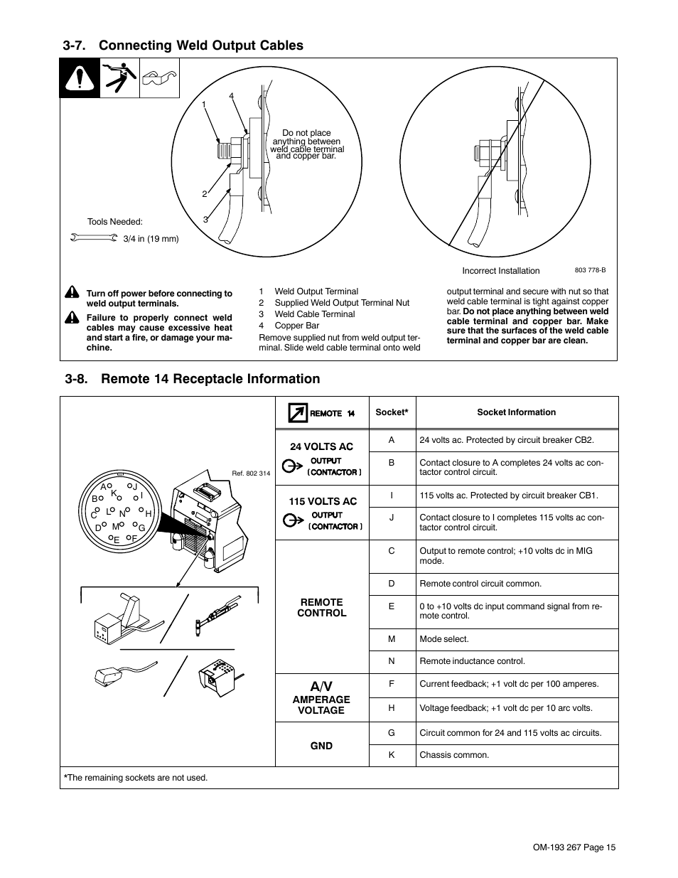 7. connecting weld output cables, 8. remote 14 receptacle information | Miller Electric Invision 456MP User Manual | Page 19 / 52