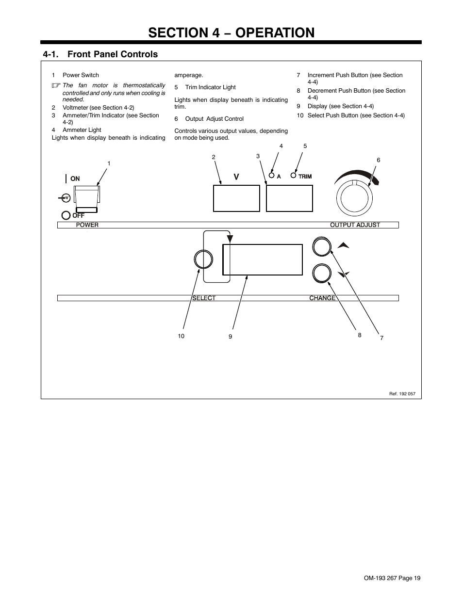 Section 4 − operation, 1. front panel controls | Miller Electric Invision 456MP User Manual | Page 23 / 52