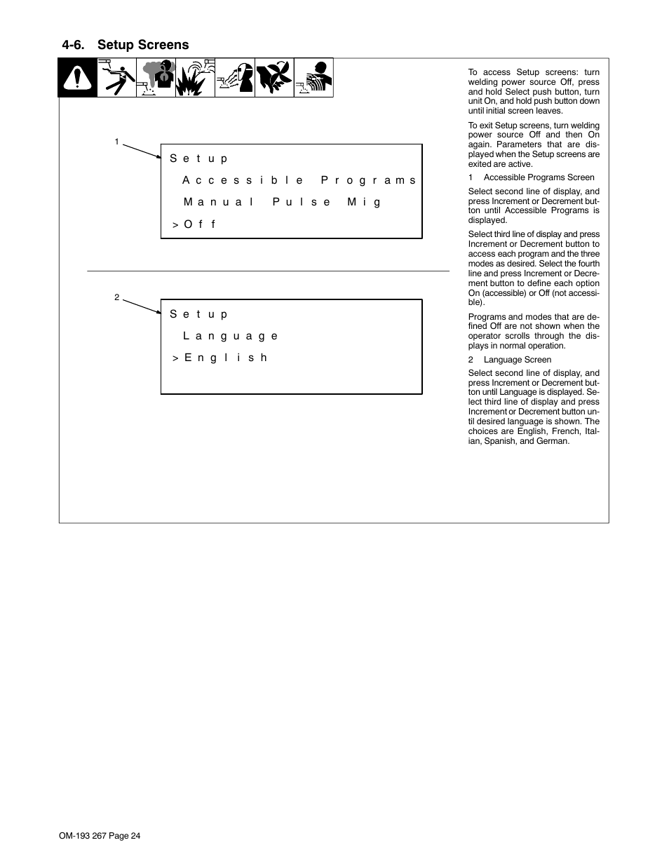 6. setup screens | Miller Electric Invision 456MP User Manual | Page 28 / 52