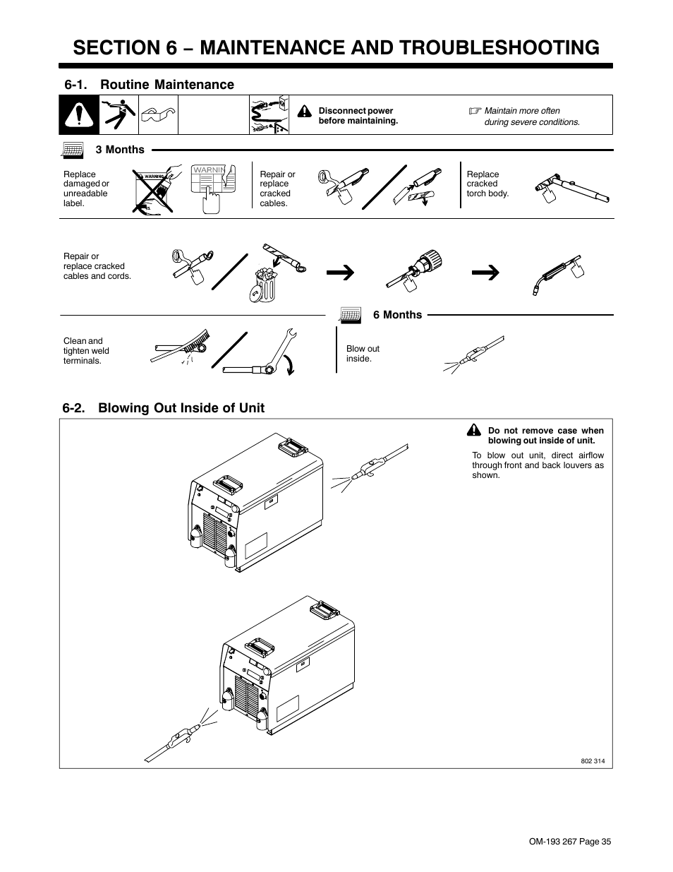 Section 6 − maintenance and troubleshooting, 1. routine maintenance, 2. blowing out inside of unit | Miller Electric Invision 456MP User Manual | Page 39 / 52