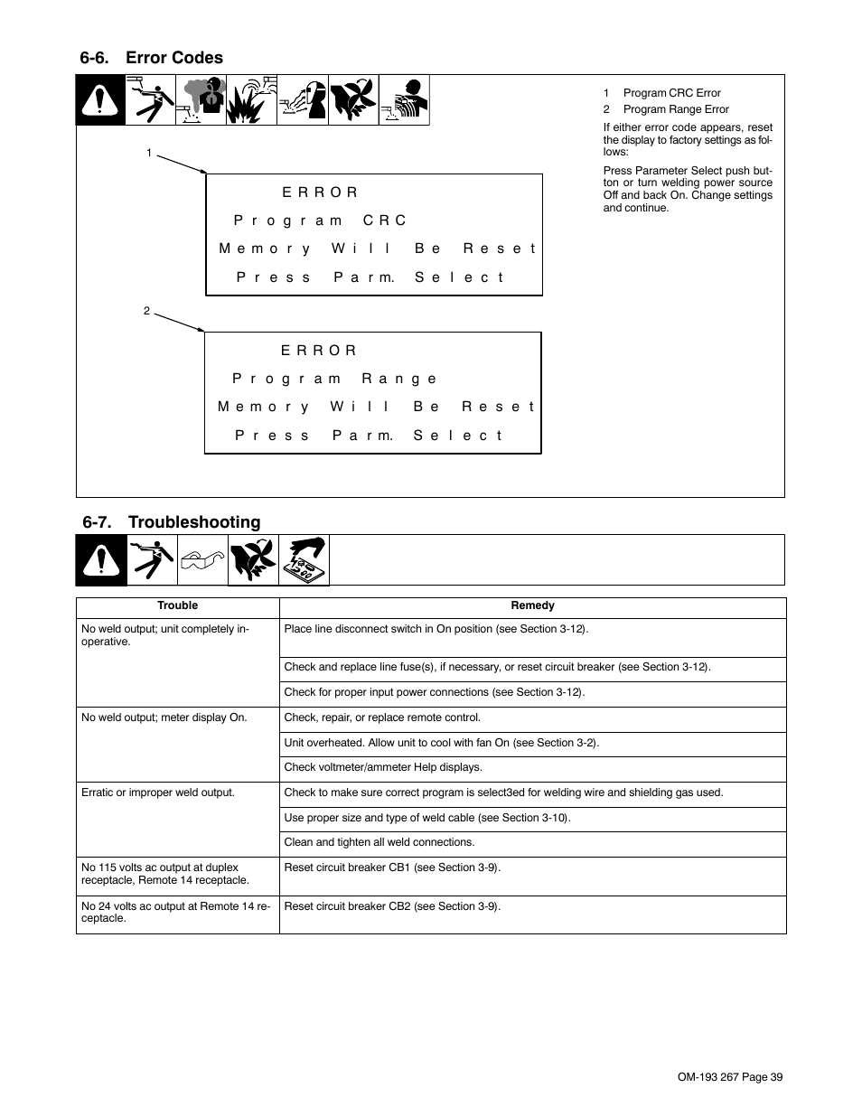 6. error codes, 7. troubleshooting | Miller Electric Invision 456MP User Manual | Page 43 / 52
