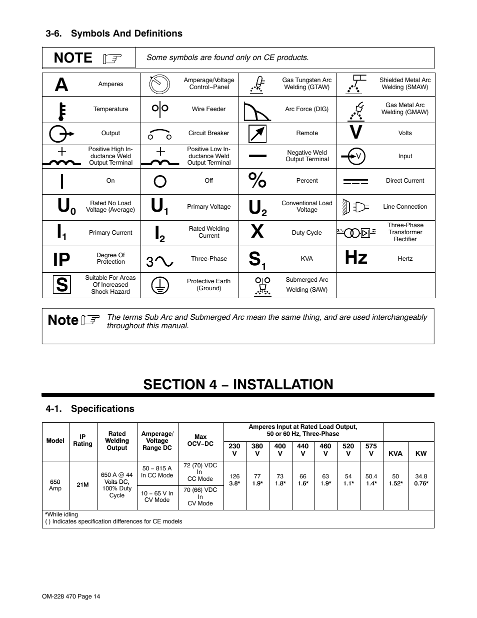 6. symbols and definitions, Section 4 − installation, 1. specifications | Miller Electric 652 User Manual | Page 18 / 48