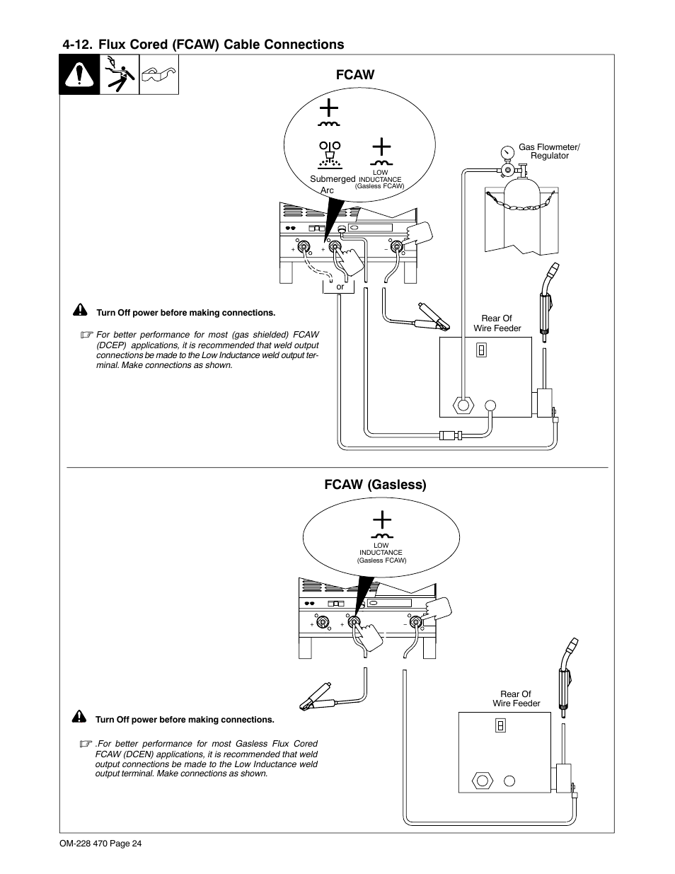 12. flux cored (fcaw) cable connections, Fcaw, Fcaw (gasless) | Miller Electric 652 User Manual | Page 28 / 48