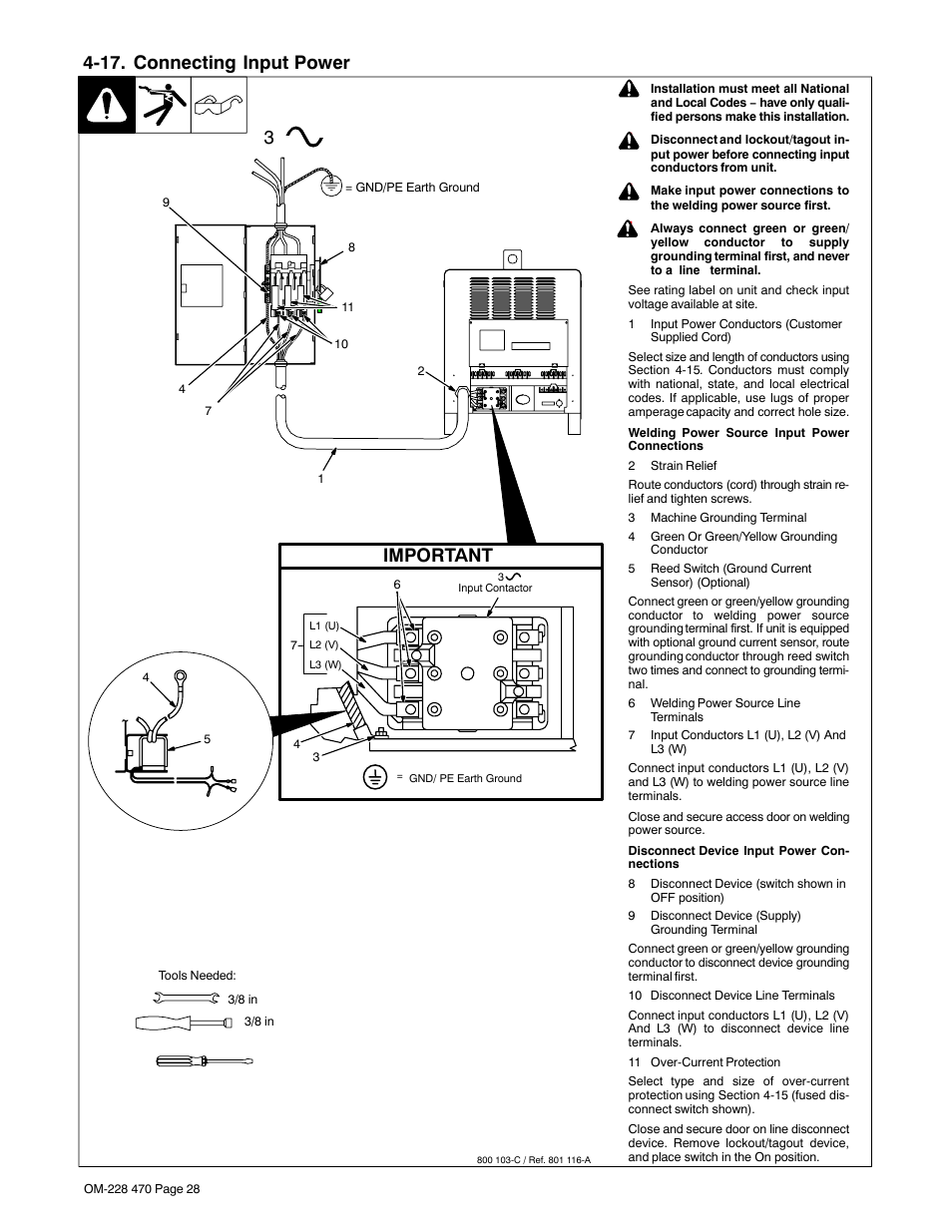 17. connecting input power, Important | Miller Electric 652 User Manual | Page 32 / 48