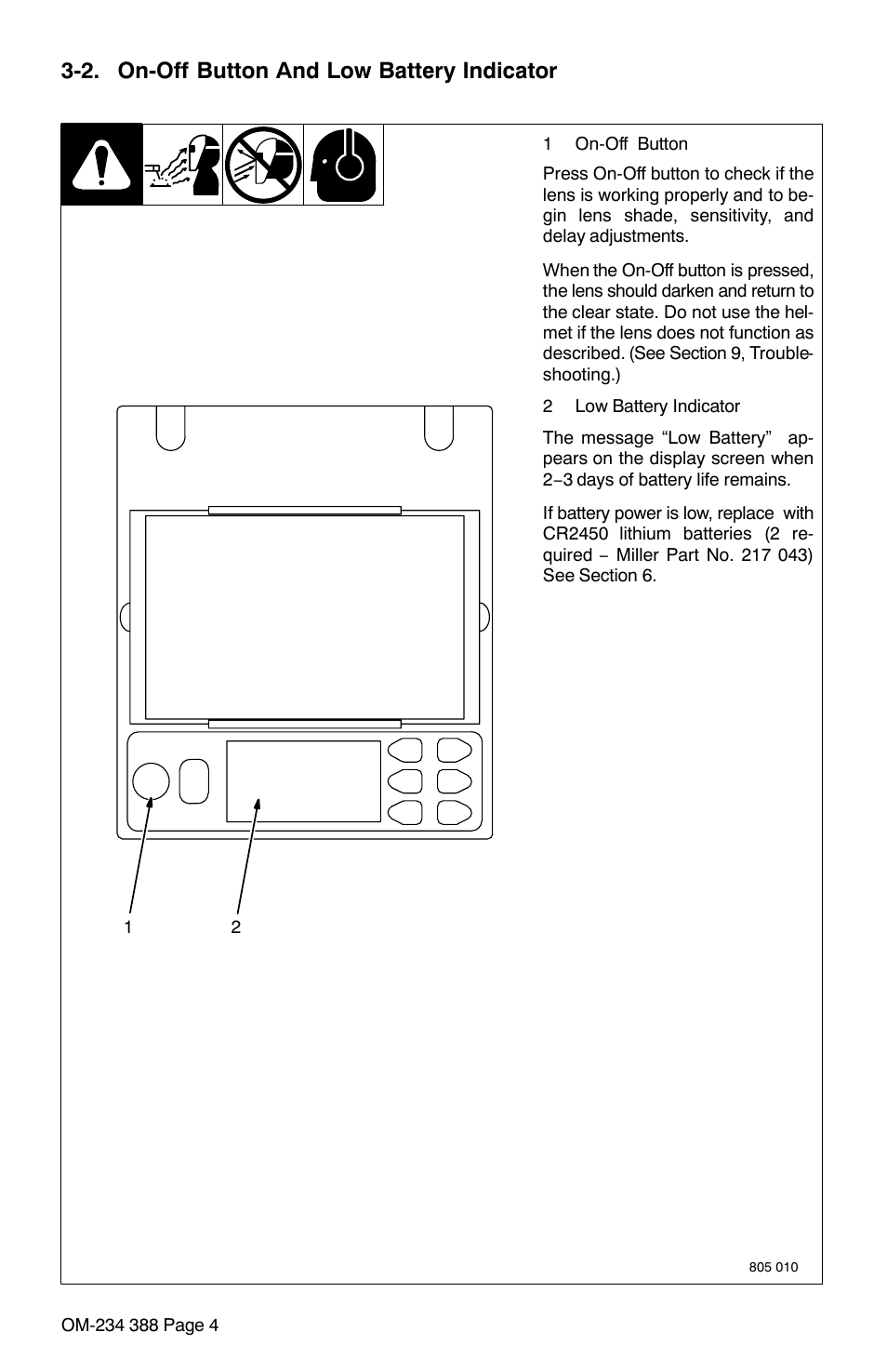 2. on-off button and low battery indicator | Miller Electric Digital Elitet User Manual | Page 6 / 20