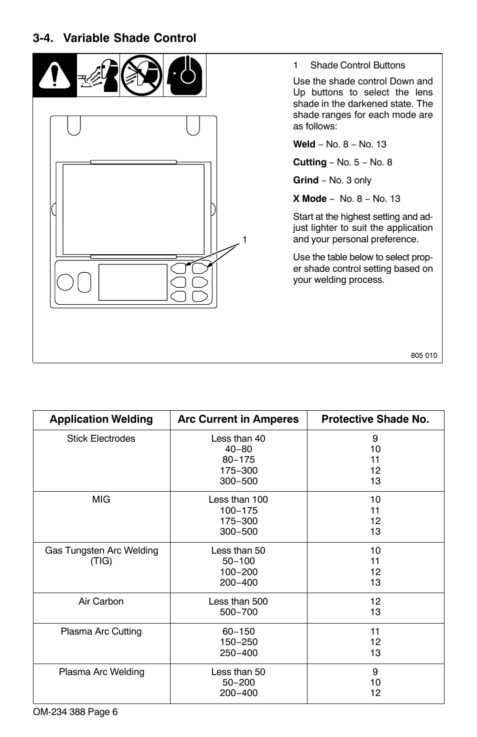 4. variable shade control, Buttons (see section 3-4 | Miller Electric Digital Elitet User Manual | Page 8 / 20