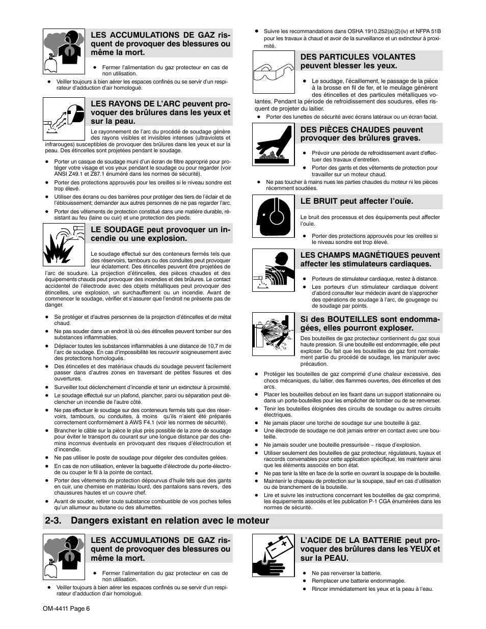 3. dangers existant en relation avec le moteur, Des particules volantes peuvent blesser les yeux, Le bruit peut affecter l’ouïe | Miller Electric 301 G User Manual | Page 10 / 60