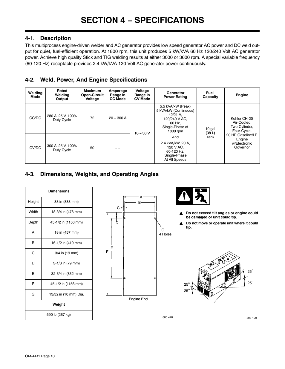 Section 4 − specifications, 1. description, 2. weld, power, and engine specifications | 3. dimensions, weights, and operating angles | Miller Electric 301 G User Manual | Page 14 / 60