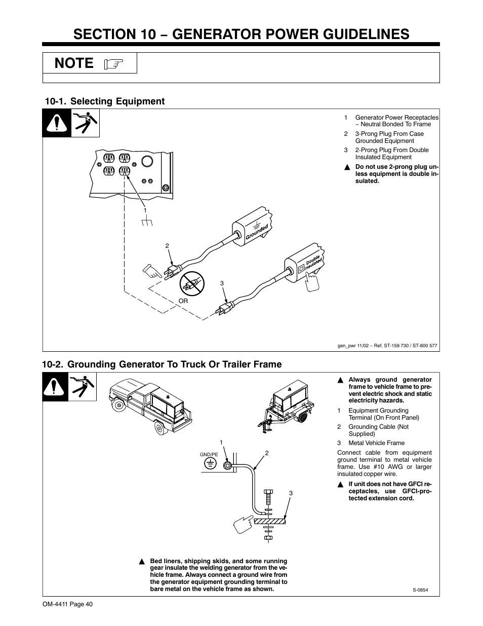 Section 10 − generator power guidelines, 1. selecting equipment, 2. grounding generator to truck or trailer frame | Miller Electric 301 G User Manual | Page 44 / 60