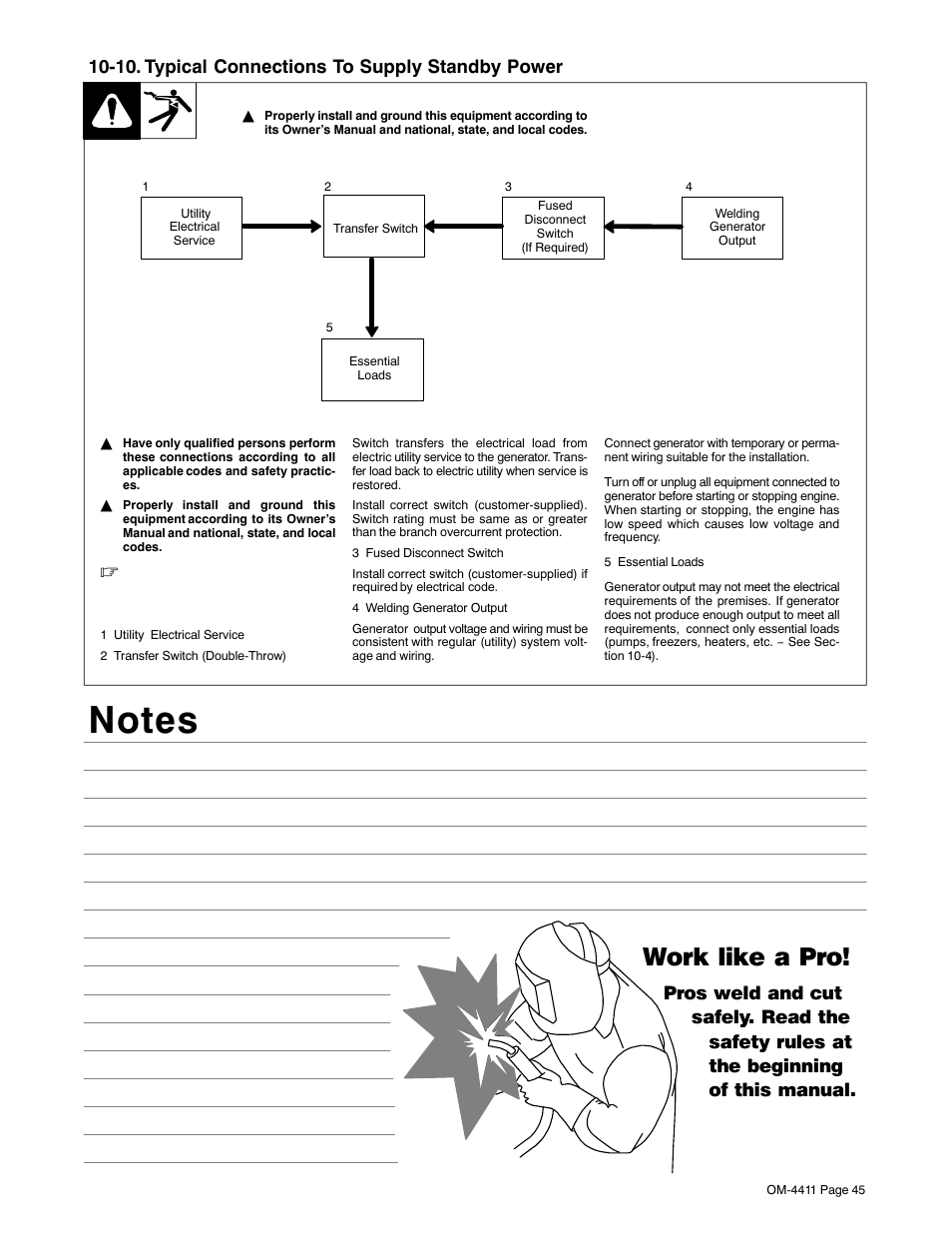 Work like a pro, 10. typical connections to supply standby power | Miller Electric 301 G User Manual | Page 49 / 60