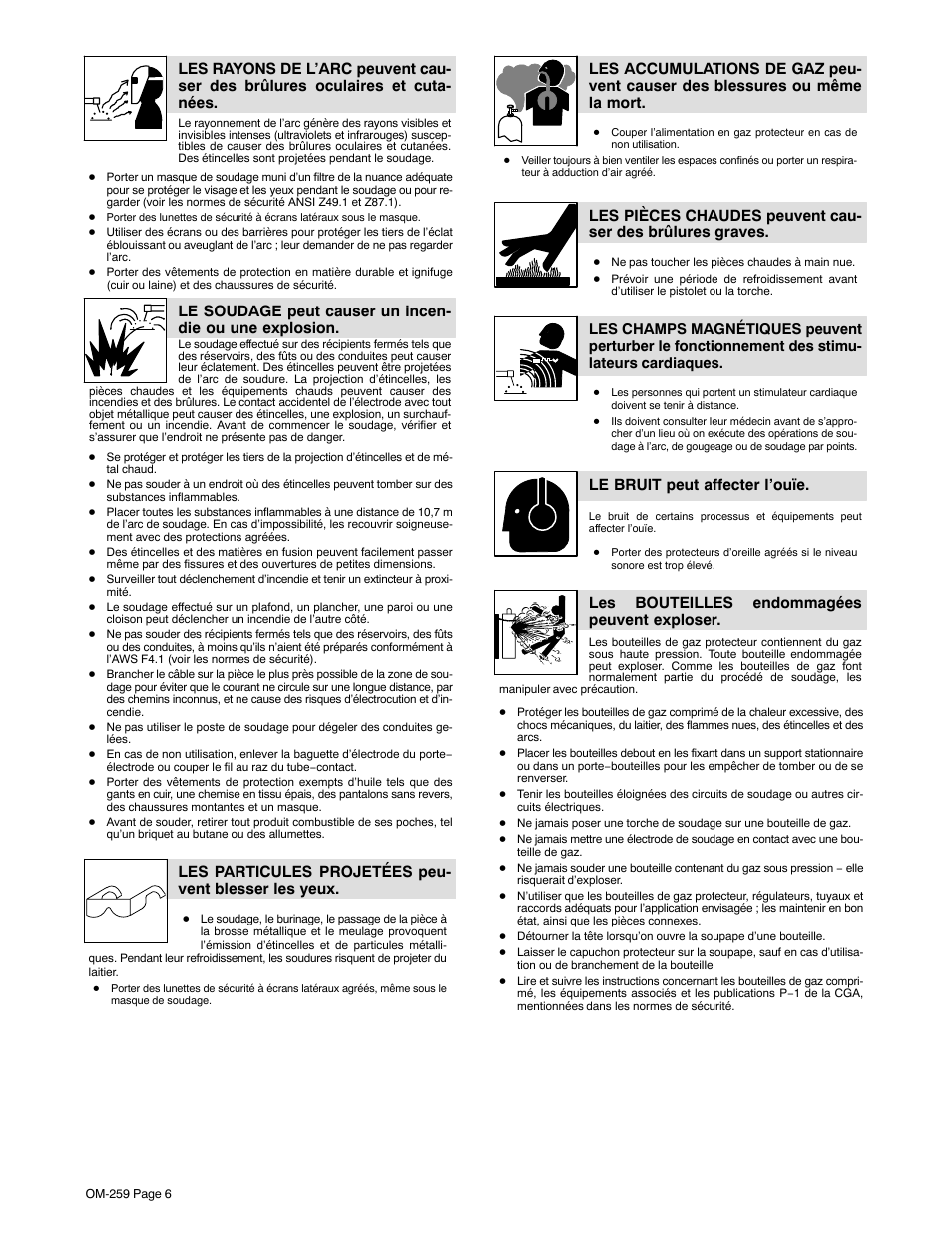 Le bruit peut affecter l’ouïe, Les bouteilles endommagées peuvent exploser | Miller Electric CP-252TS User Manual | Page 10 / 36