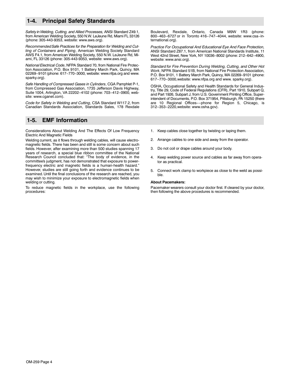 4. principal safety standards, 5. emf information | Miller Electric CP-252TS User Manual | Page 8 / 36