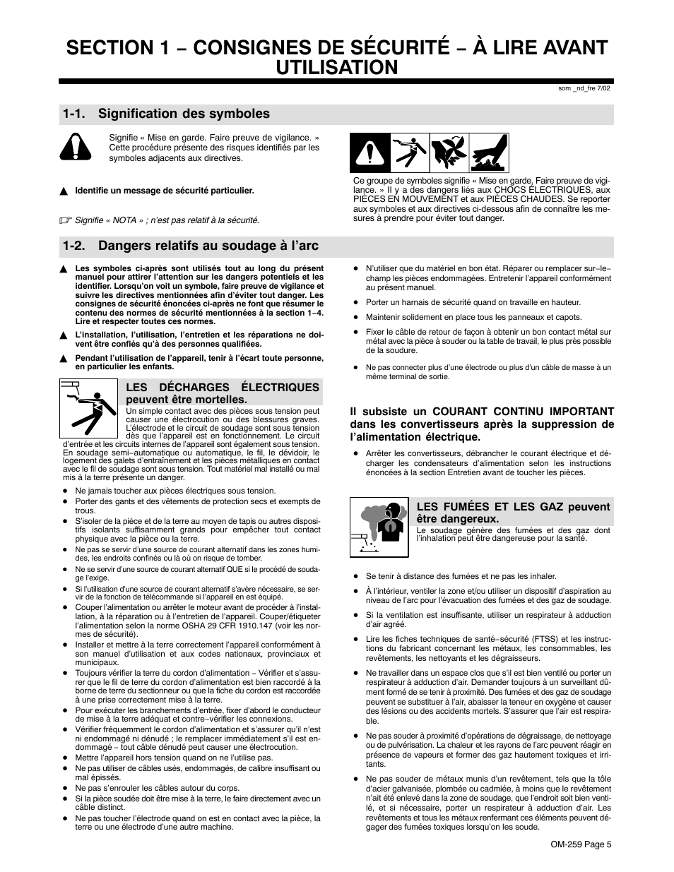 1. signification des symboles, 2. dangers relatifs au soudage à l’arc | Miller Electric CP-252TS User Manual | Page 9 / 36