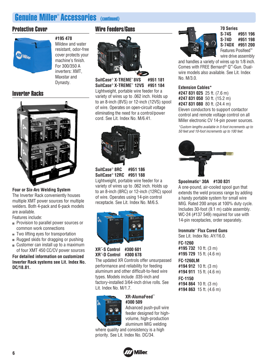 Genuine miller, Accessories, Protective cover | Inverter racks, Wire feeders/guns, Continued) | Miller Electric XMT 350 VS User Manual | Page 6 / 8