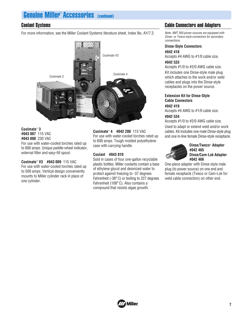 Genuine miller, Accessories, Cable connectors and adapters | Coolant systems | Miller Electric XMT 350 VS User Manual | Page 7 / 8