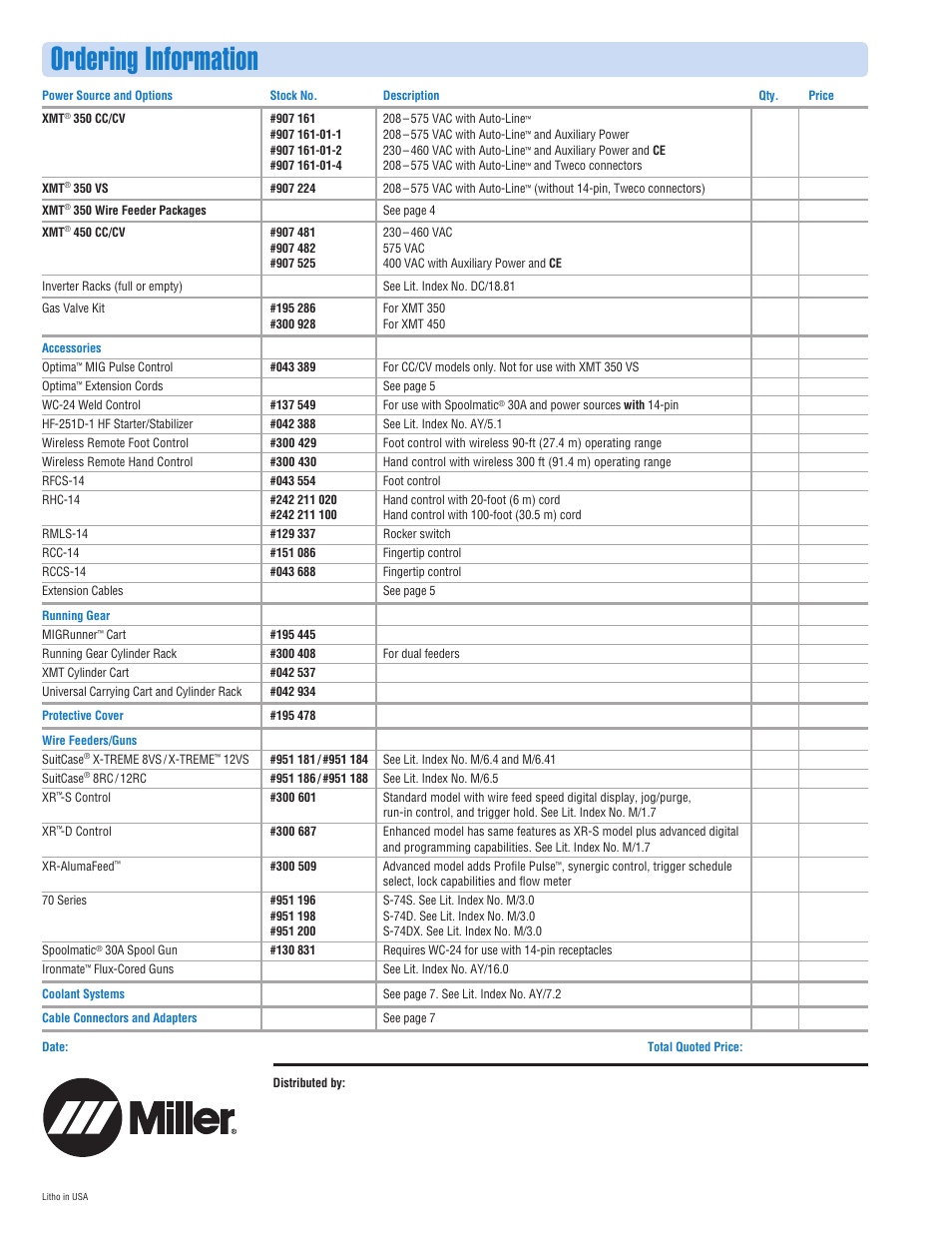 Ordering information | Miller Electric XMT 350 VS User Manual | Page 8 / 8