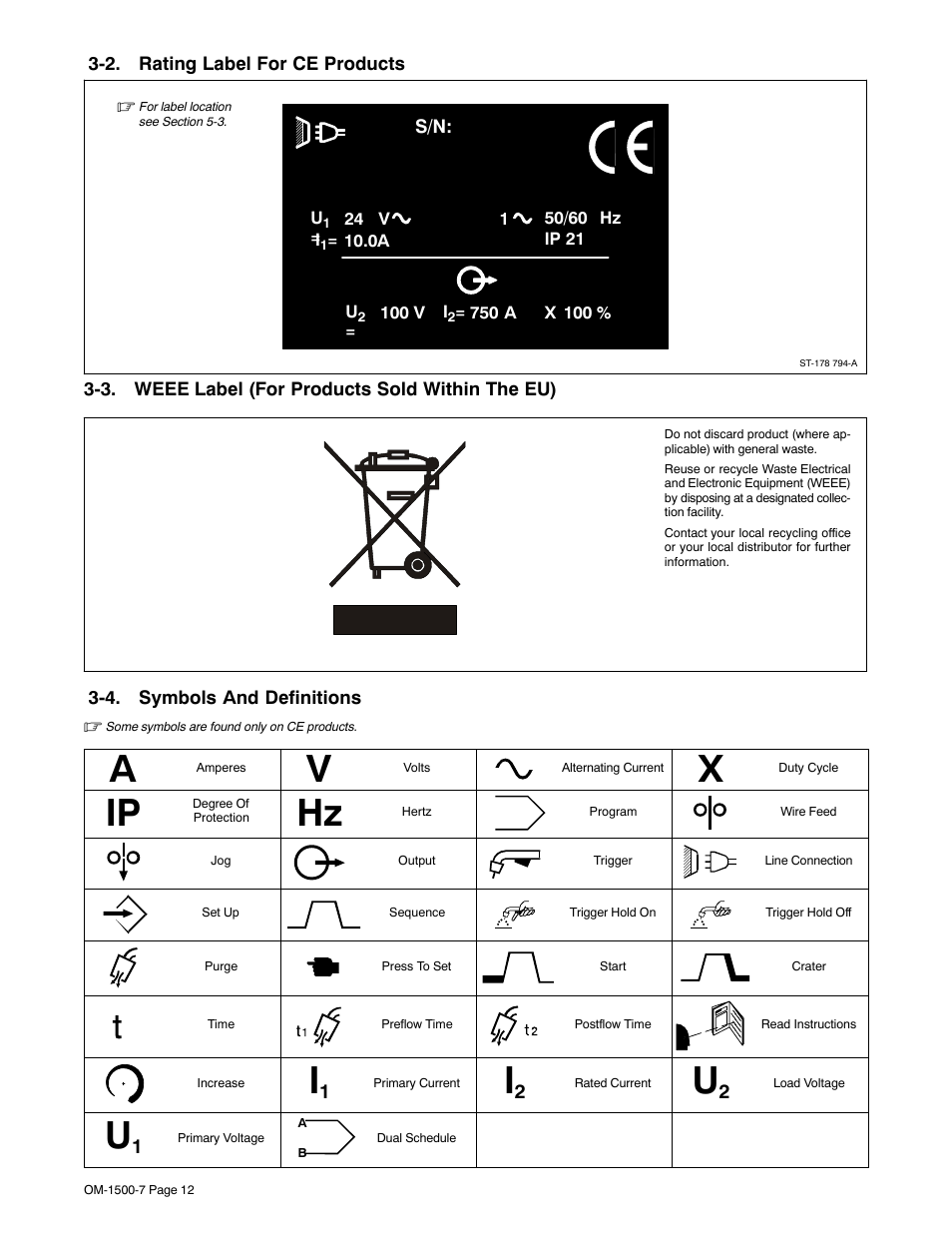 2. rating label for ce products, 3. weee label (for products sold within the eu), 4. symbols and definitions | Miller Electric D-74DX User Manual | Page 16 / 48