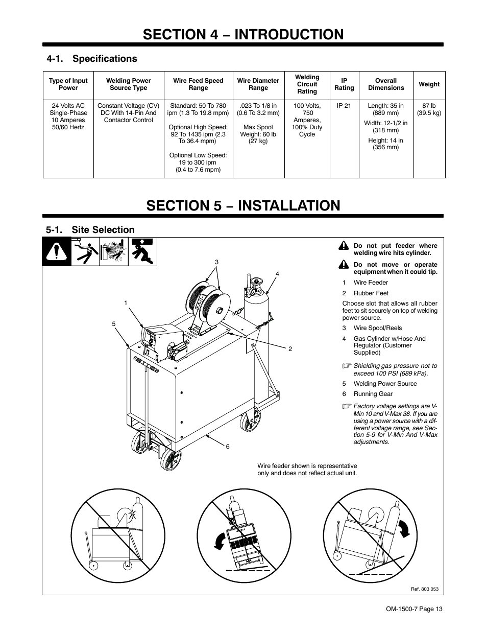 Section 4 − introduction, 1. specifications, Section 5 − installation | 1. site selection | Miller Electric D-74DX User Manual | Page 17 / 48