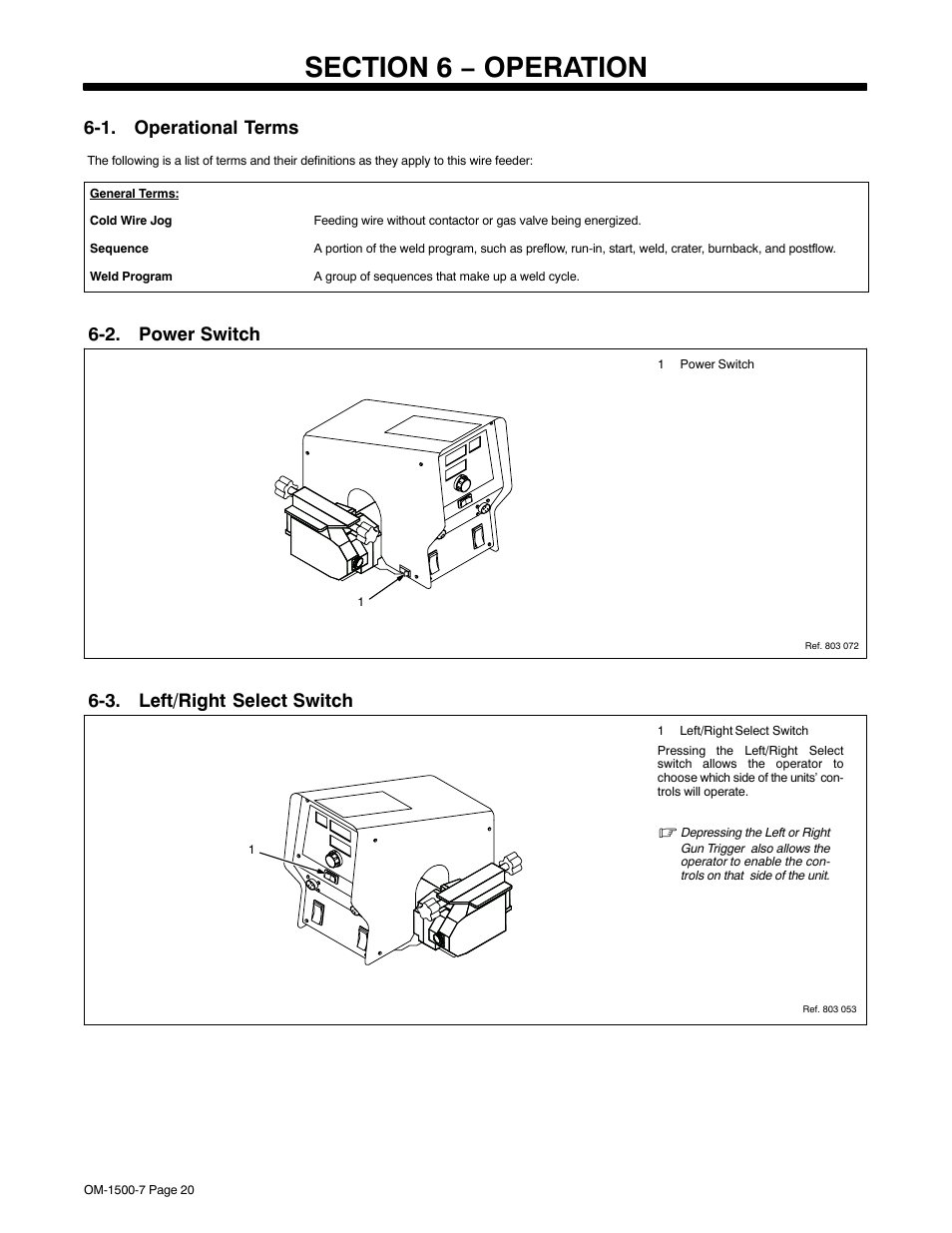 Section 6 − operation, 1. operational terms, 2. power switch | 3. left/right select switch | Miller Electric D-74DX User Manual | Page 24 / 48