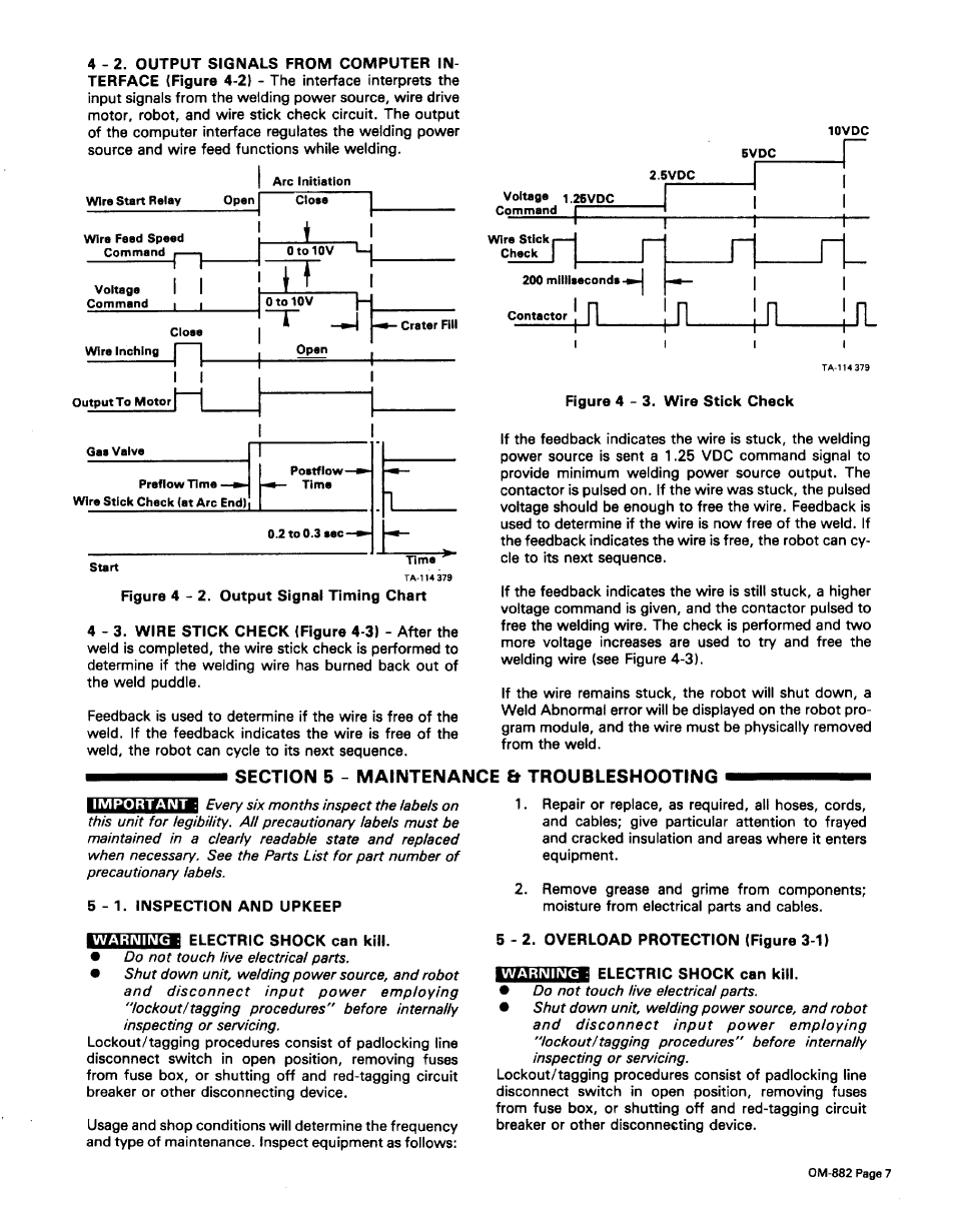 2. output signals from computer interface, 3. wire stick check, 5 - maintenance & troubleshooting | 1. inspection and upkeep, 2. overload protection, Maintenance & troubleshooting | Miller Electric MR-5 User Manual | Page 20 / 51