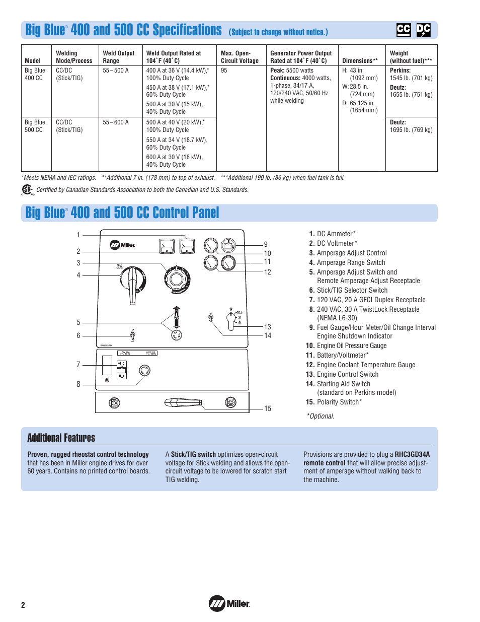 Big blue, Additional features, Subject to change without notice.) | Miller Electric 400 User Manual | Page 2 / 8