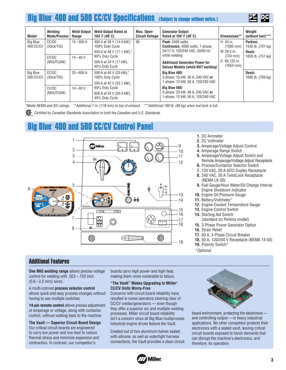 Big blue, Additional features, Subject to change without notice.) | Miller Electric 400 User Manual | Page 3 / 8