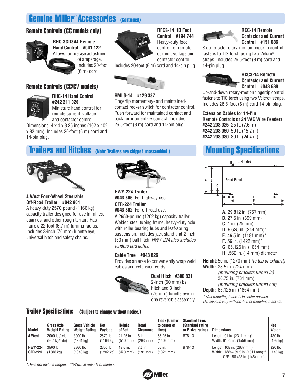 Genuine miller, Accessories, Trailers and hitches | Mounting specifications, Remote controls (cc models only), Remote controls (cc/cv models), Trailer specifications, Continued), Subject to change without notice.) | Miller Electric 400 User Manual | Page 7 / 8