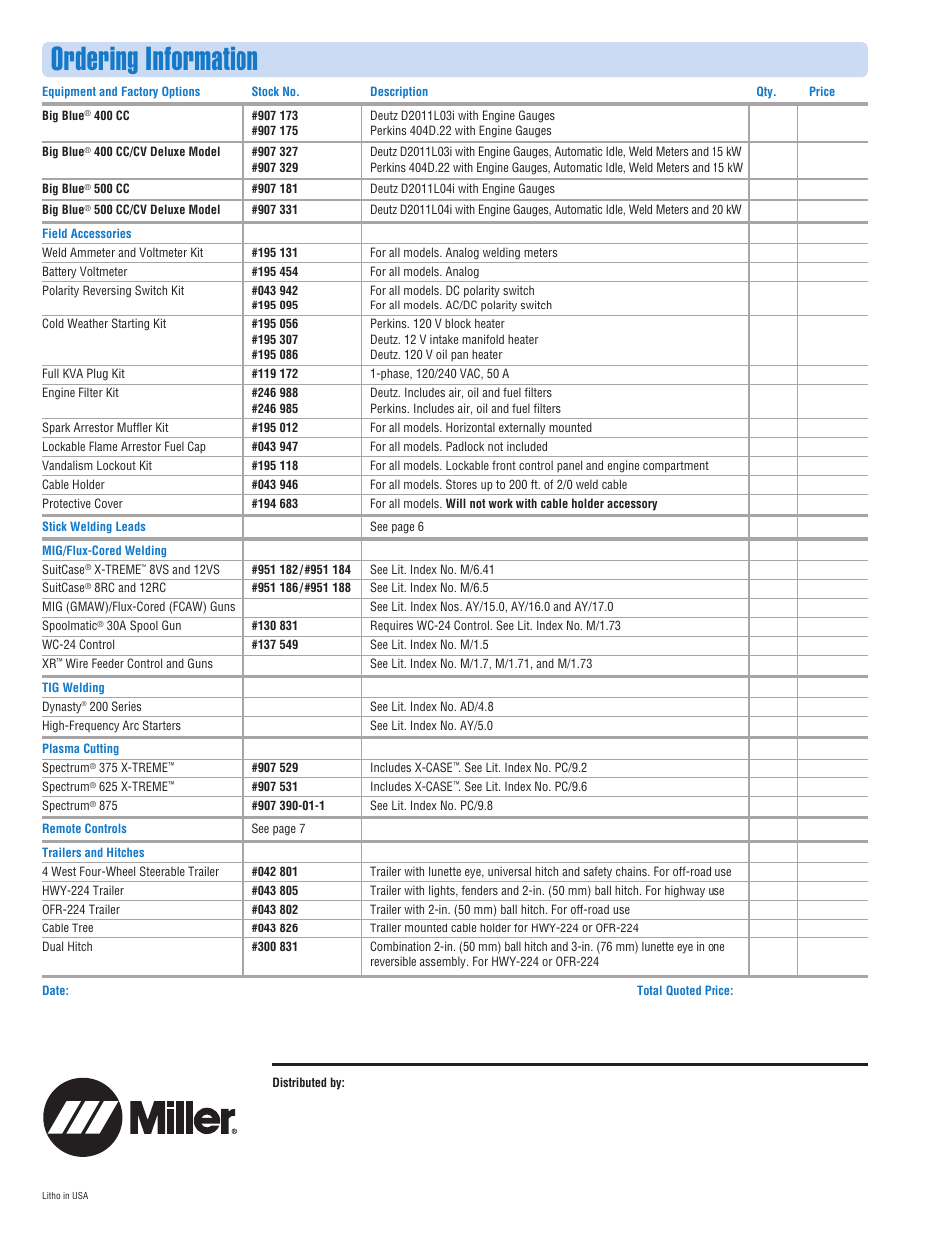 Ordering information | Miller Electric 400 User Manual | Page 8 / 8