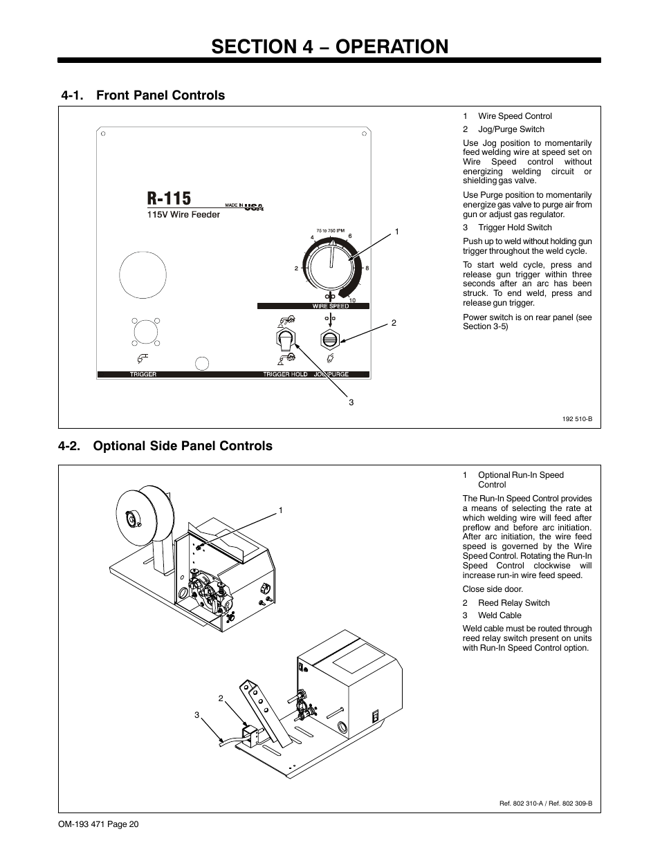 Section 4 − operation, 1. front panel controls, 2. optional side panel controls | Miller Electric R-115 User Manual | Page 24 / 36