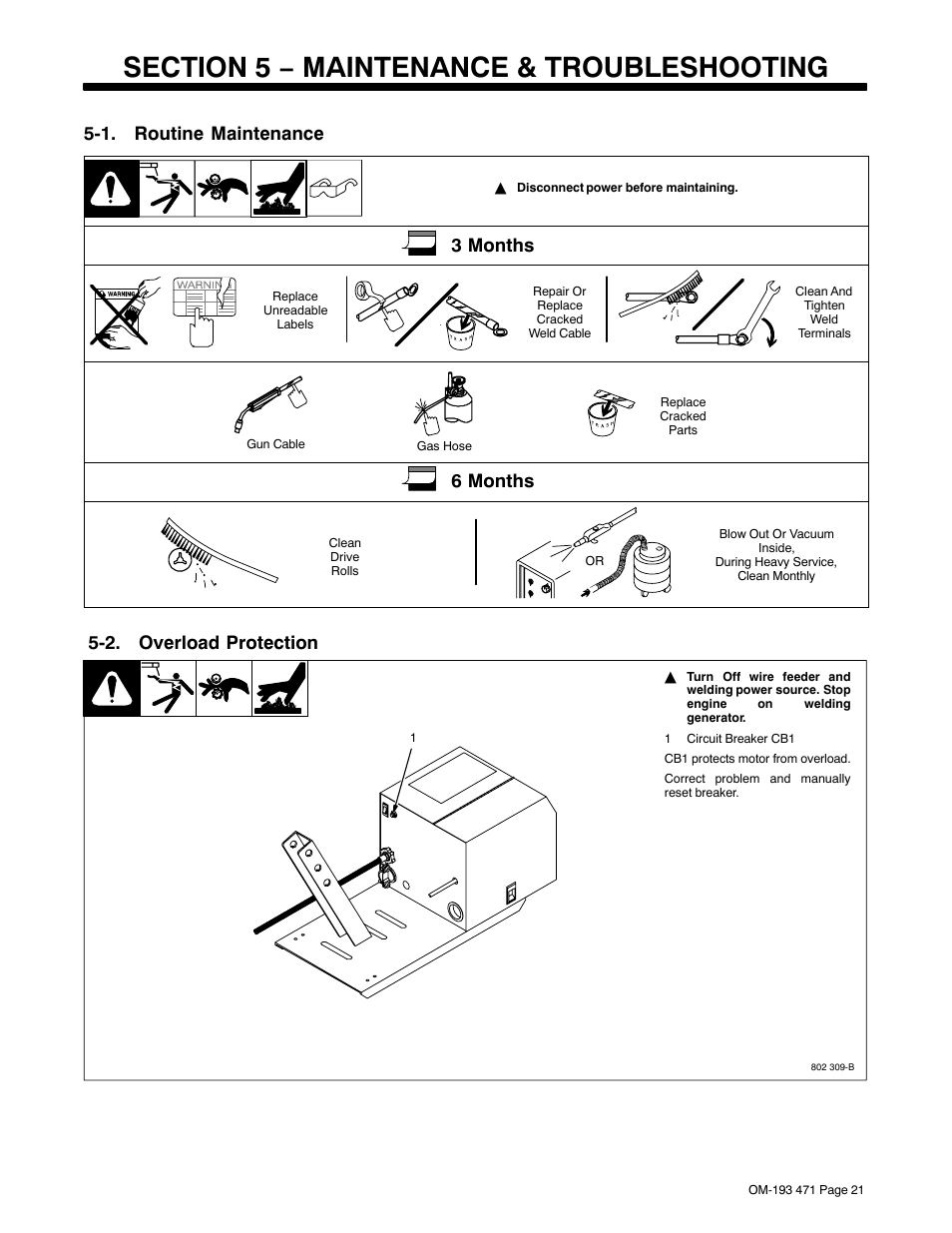 Section 5 − maintenance & troubleshooting, 1. routine maintenance, 2. overload protection | 3 months, 6 months | Miller Electric R-115 User Manual | Page 25 / 36