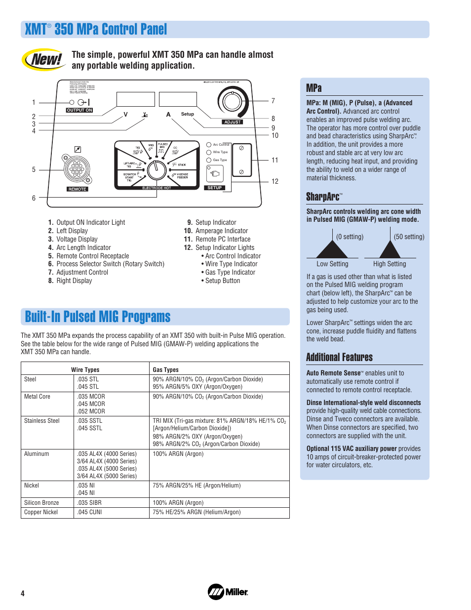 350 mpa control panel, Built-in pulsed mig programs, Mpa sharparc | Additional features | Miller Electric XMT 350 Series User Manual | Page 4 / 8