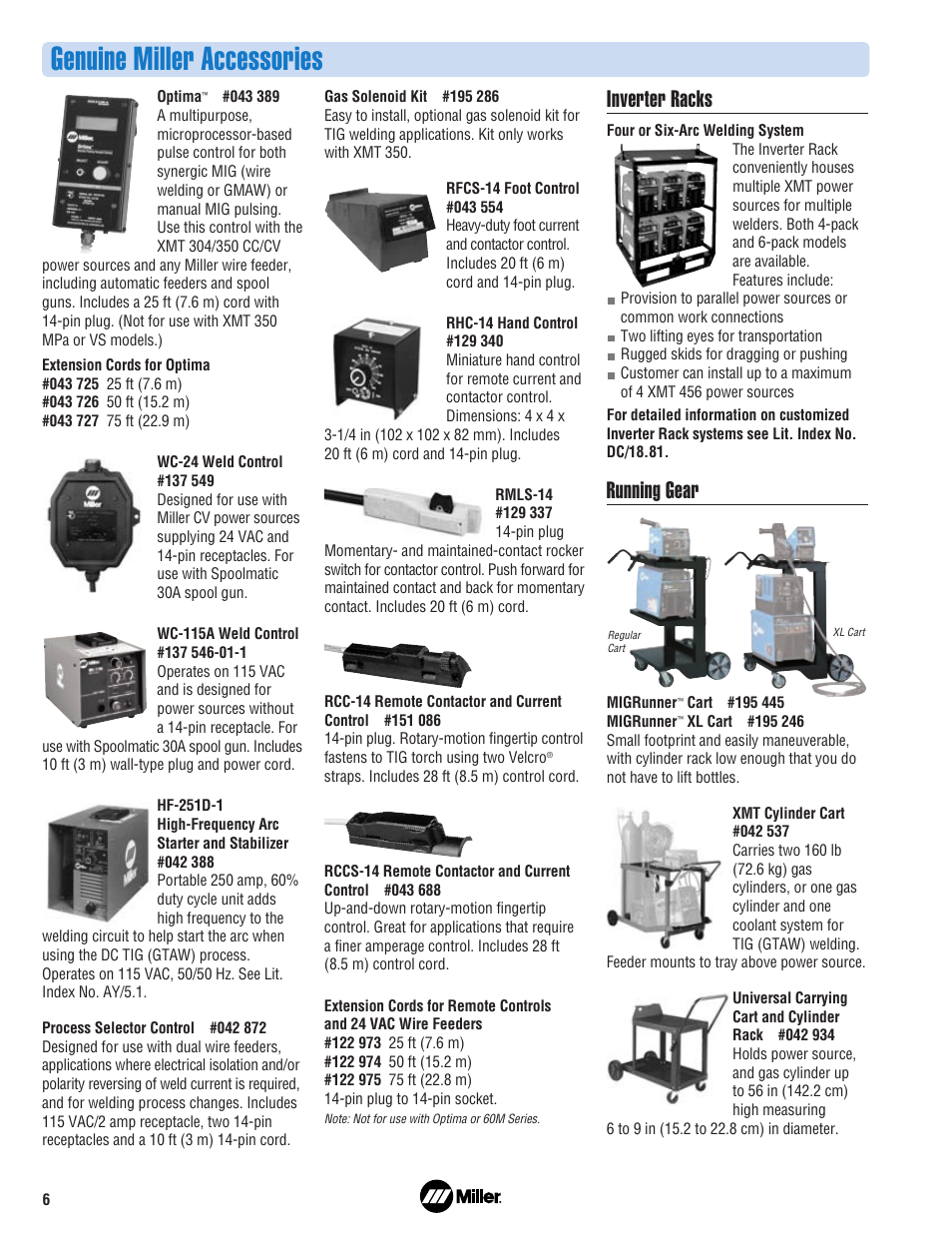 Genuine miller accessories, Inverter racks, Running gear | Miller Electric XMT 350 Series User Manual | Page 6 / 8