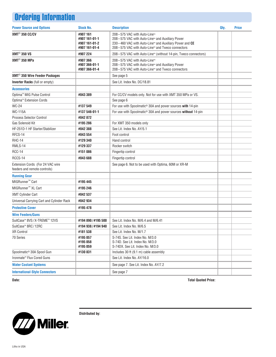 Ordering information | Miller Electric XMT 350 Series User Manual | Page 8 / 8