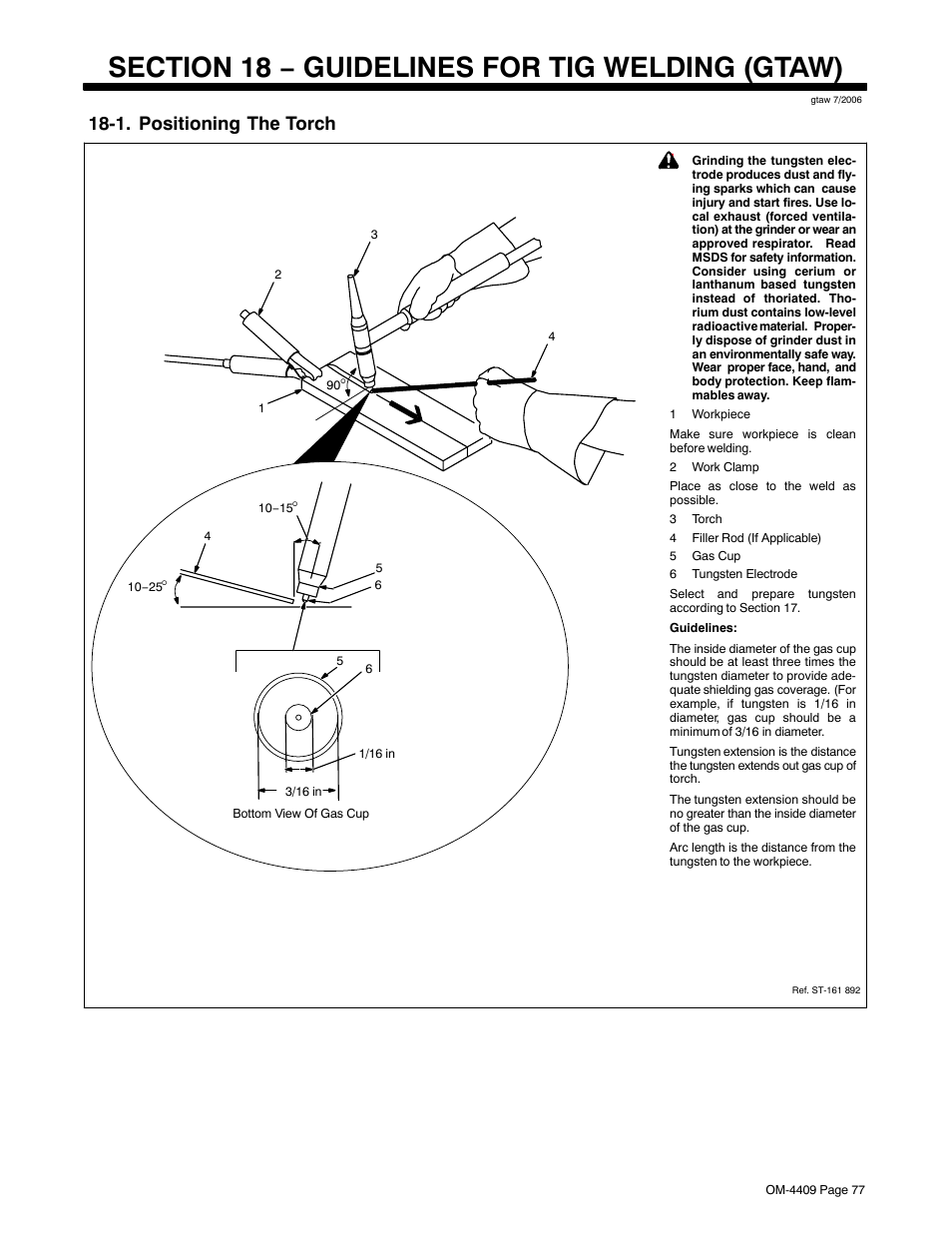 Section 18 − guidelines for tig welding (gtaw), 1. positioning the torch | Miller Electric OM-4409 User Manual | Page 81 / 102