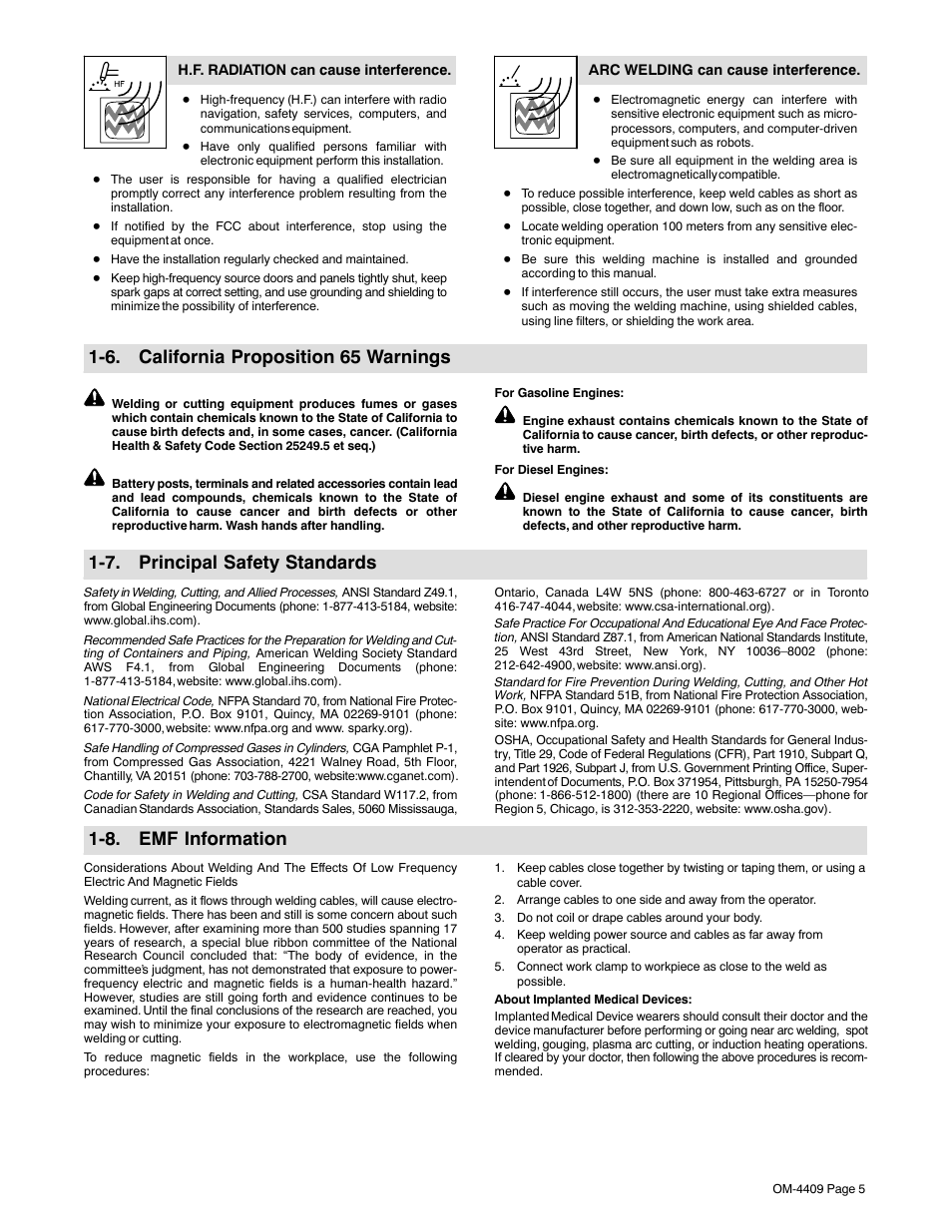 6. california proposition 65 warnings, 7. principal safety standards, 8. emf information | Miller Electric OM-4409 User Manual | Page 9 / 102
