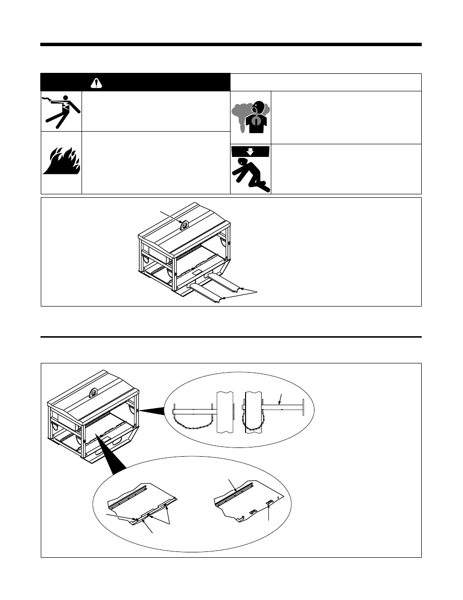 Warning, 1. selecting a location and moving rack, 2. installing welding power source onto rack | Miller Electric XMT 4-Rack User Manual | Page 10 / 24