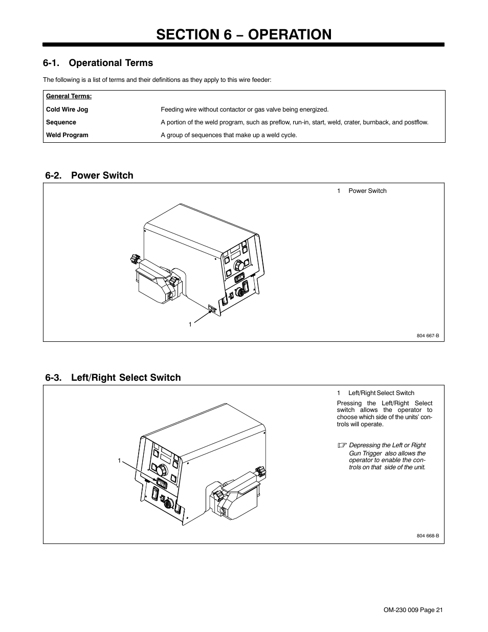 Section 6 − operation, 1. operational terms, 2. power switch | 3. left/right select switch | Miller Electric PipePro Dual User Manual | Page 25 / 48