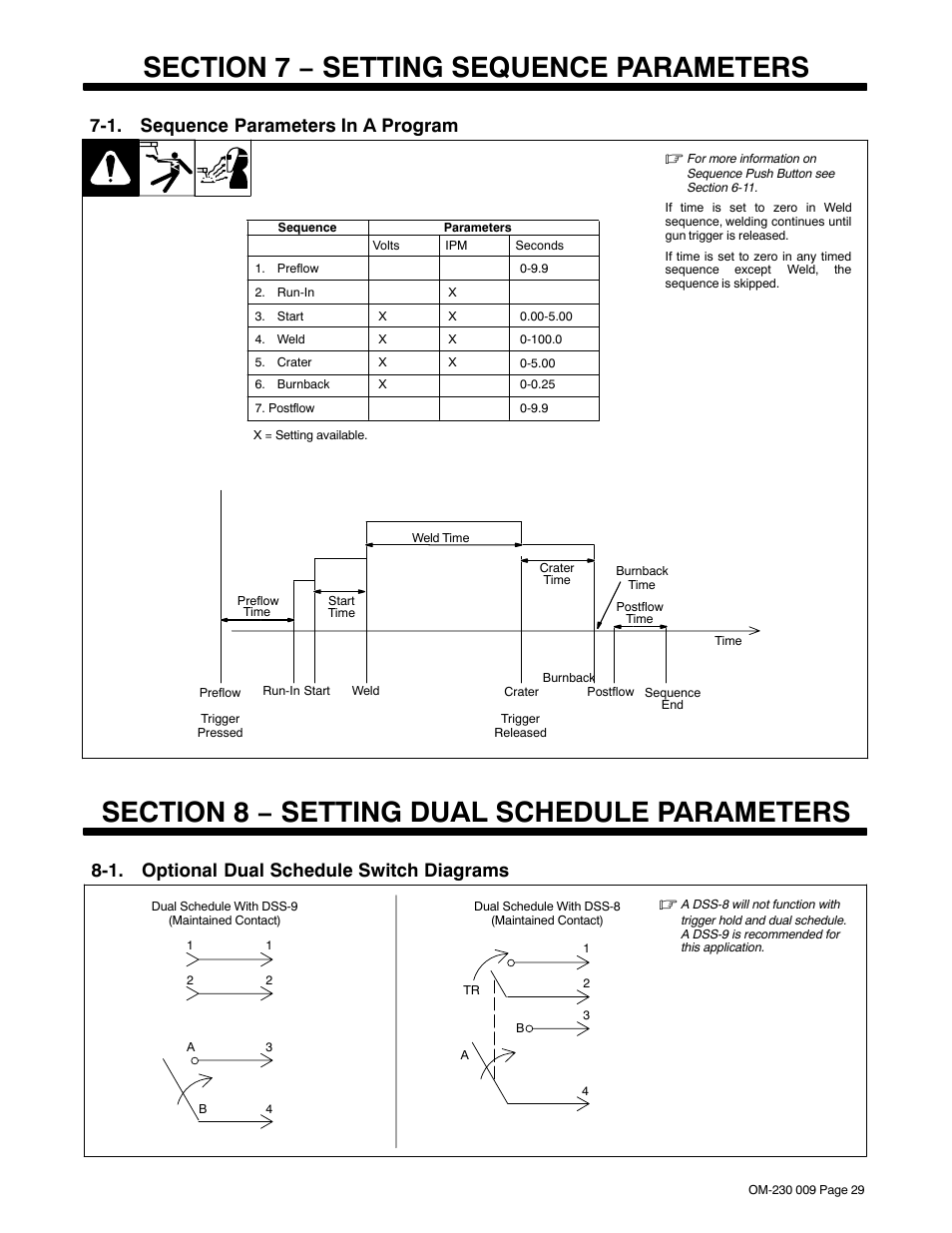 Section 7 − setting sequence parameters, 1. sequence parameters in a program, Section 8 − setting dual schedule parameters | 1. optional dual schedule switch diagrams | Miller Electric PipePro Dual User Manual | Page 33 / 48