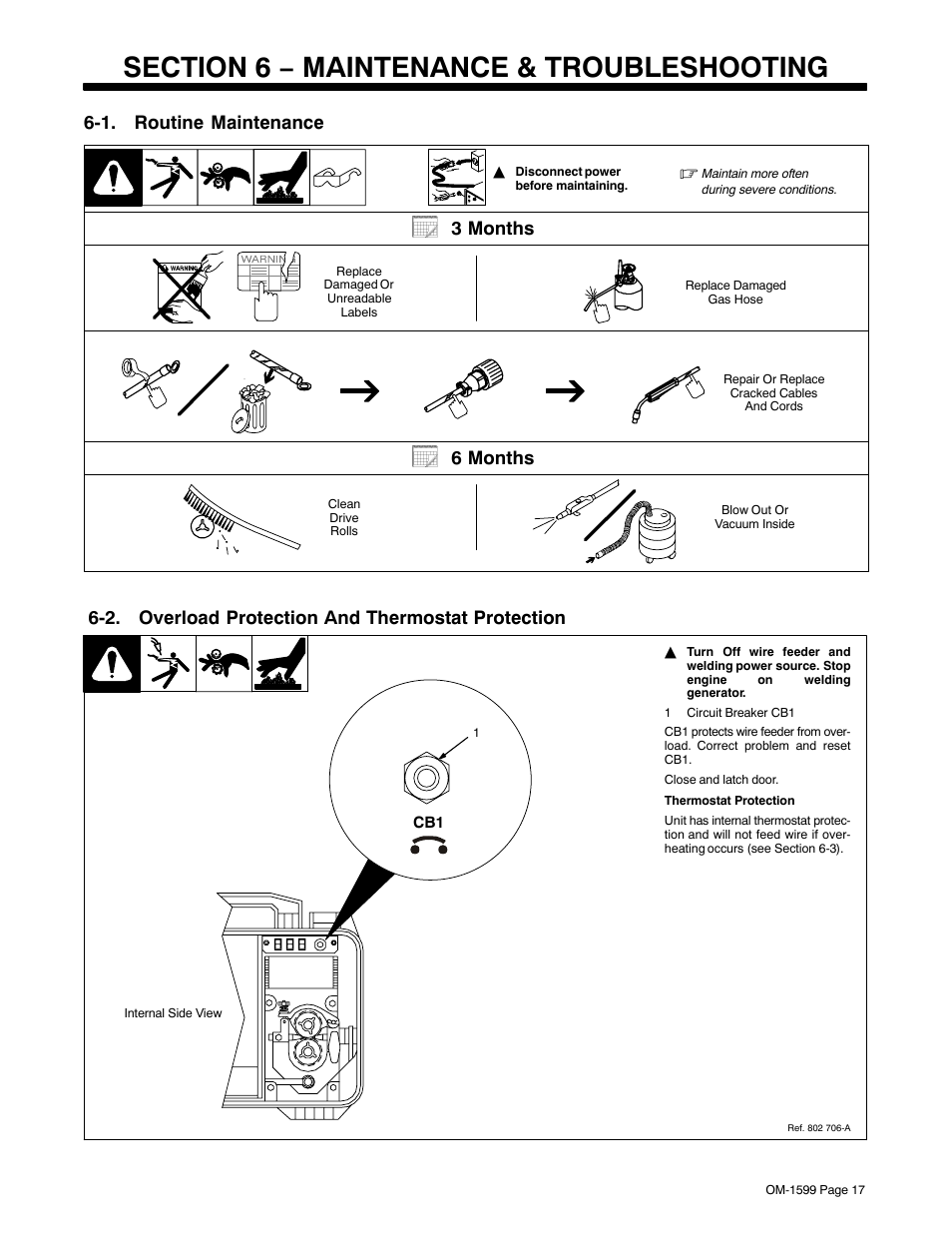 Section 6 − maintenance & troubleshooting, 1. routine maintenance, 2. overload protection and thermostat protection | 3 months, 6 months | Miller Electric SuitCase 8VS User Manual | Page 21 / 32