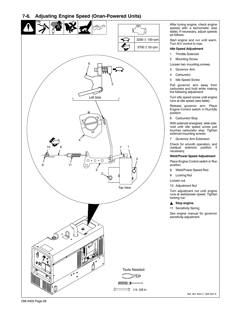 6. adjusting engine speed (onan-powered units) | Miller Electric 280 NT User Manual | Page 32 / 64