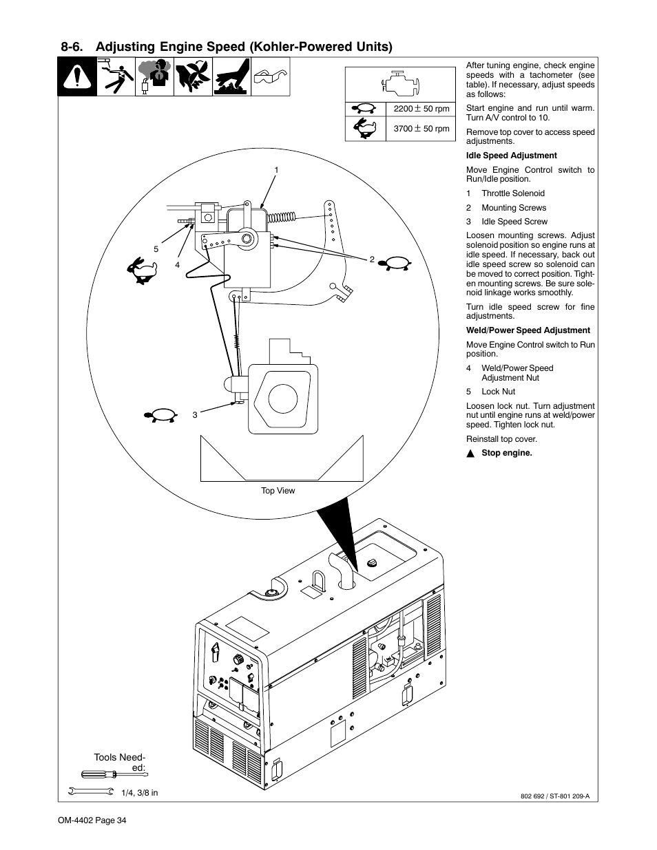 6. adjusting engine speed (kohler-powered units) | Miller Electric 280 NT User Manual | Page 38 / 64